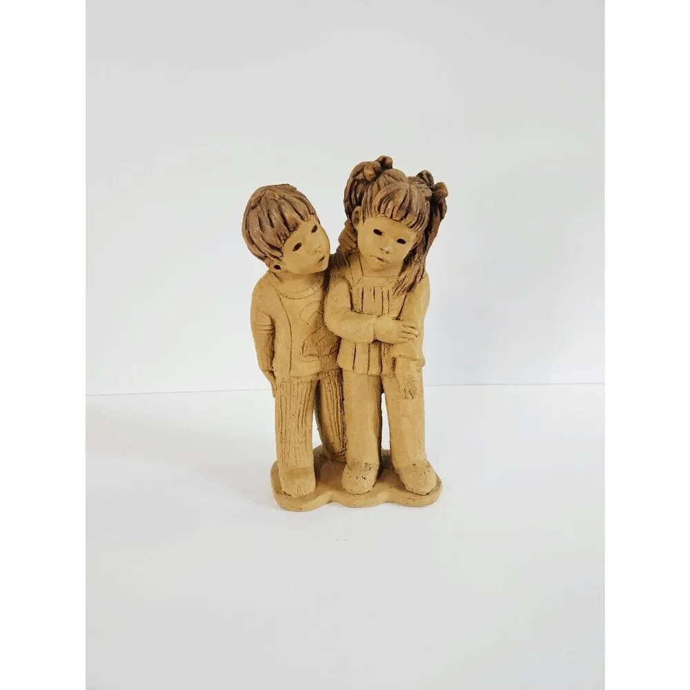 Vintage '70s Lee Bortin Studio Art Boy & Girl Clay Statue Figurine Sculpture